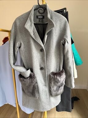 DKNY Gray Wool Pea Coat with Faux Fur Pocket Trim